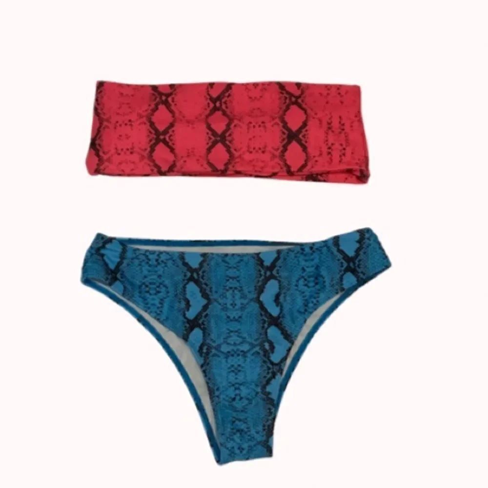 2- pice Shein Snake Skin Contrast Pink Bandeau Blue Bikini Medium M